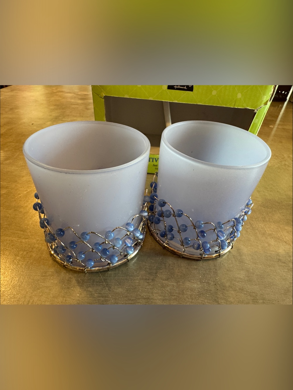 Hallmark Expressions Blue Beaded Votive Candle Holder Set Of 2 In Box